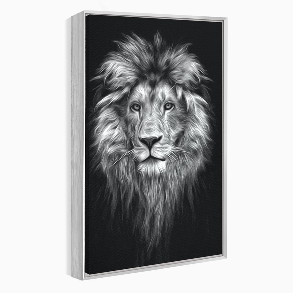Tablou canvas cu tablou canvas cu leu alb negru, in rama de aluminiu argintiu